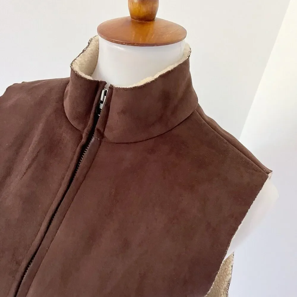 Sherpa Lined Lands End Zip Up Faux Suede Warm Vest Size M/P Medium Petite Brown
